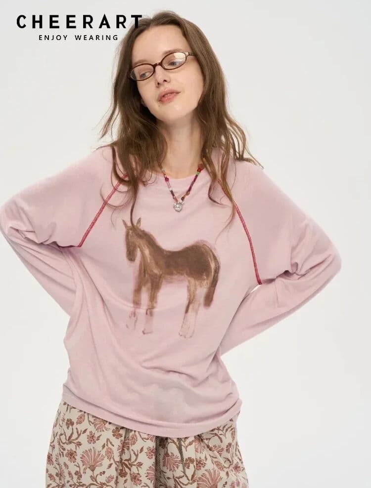 CHEERART Horse Print Pink Long Sleeve Top For Woman T Shirt Fall Clothes Raglan Sleeve Tees Fashion Designer Top 2025 Autumn