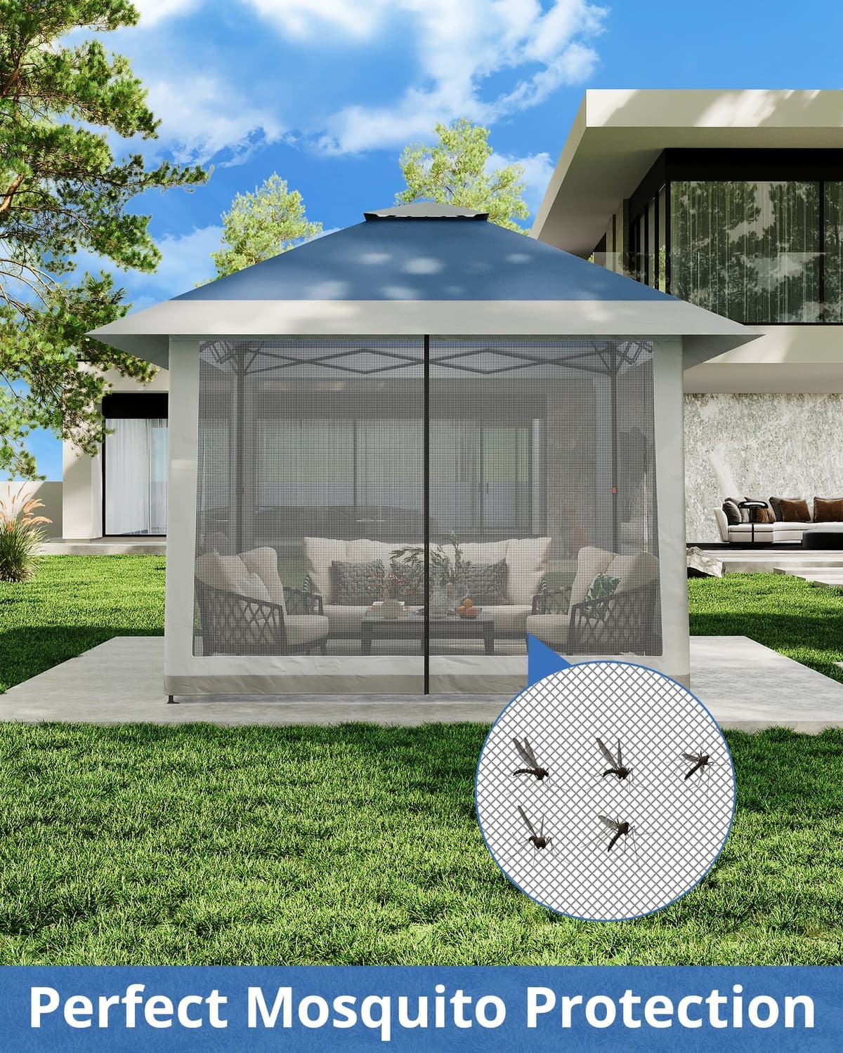 HiMISS 4 x 4 m One-Button Roll-Up Cantilever Folding Shed with Mesh Sidewalls Outdoor Gazebo Canopy Tent - Waterproof Roof, Adjustable Height, Mosquito Netting, Heavy Duty Sun Shelter for Patio, Garden,