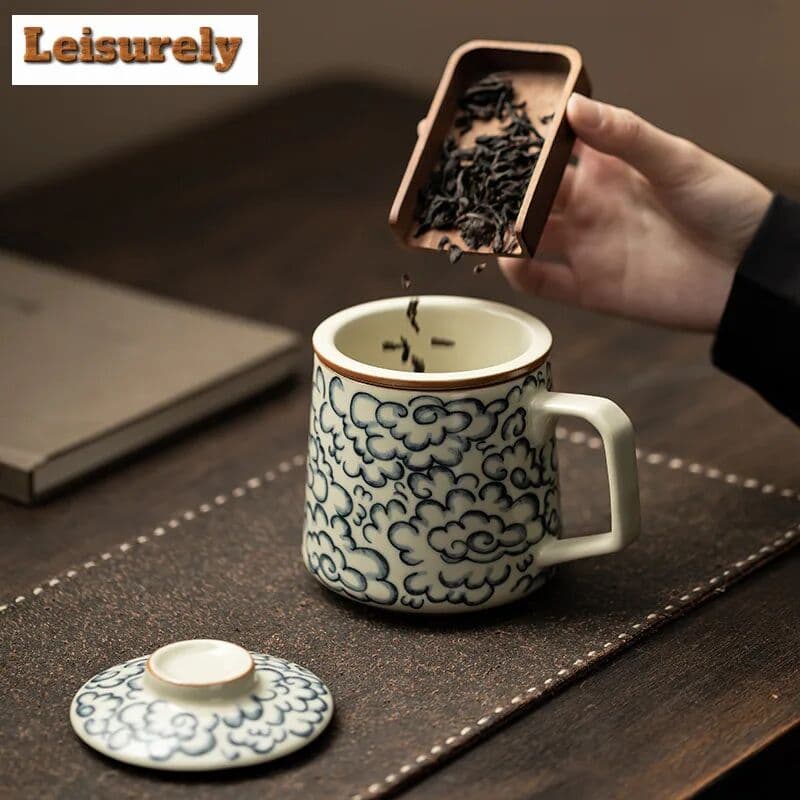 NONE 400ml Antique Ru Kiln Porcelain Filter Tea Separator Cup Auspicious Clouds Office Work Cup Personal Tea Brewing Mug Drinkware