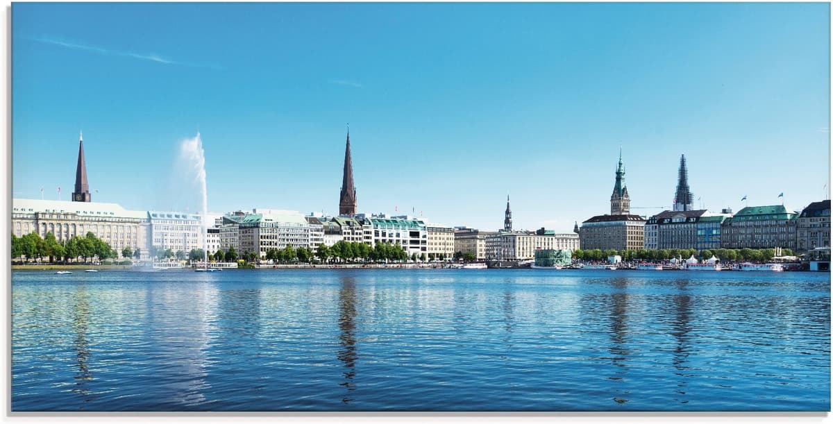 Glasbild ARTLAND "Hamburg Alsterpanorama", beige (farbe bild(er): naturfarben), B:100cm H:50cm, Bilder, Glasbild, in verschiedenen Grössen farbe bild(er): naturfarben B/H/T: 100cm x 50cm, Glasbild Deutschland Querformat, 1 Stk.