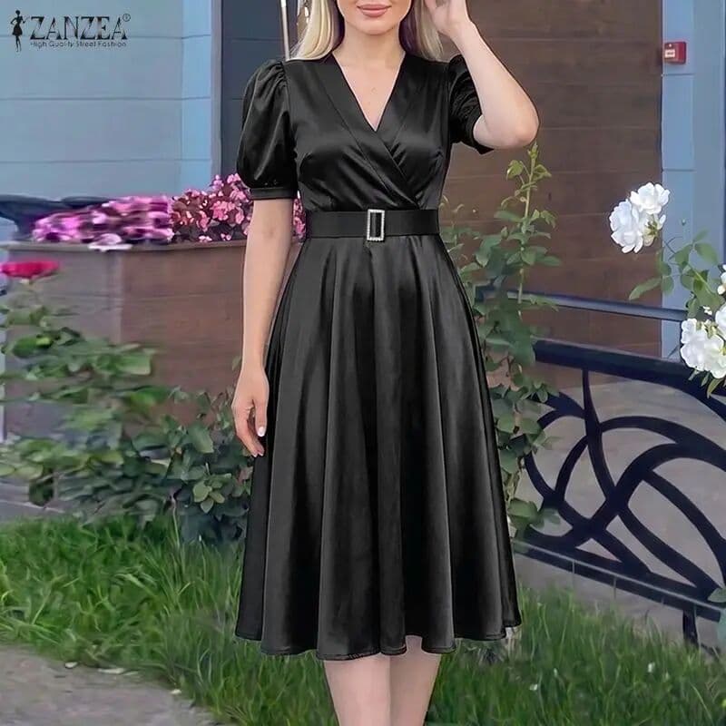 ZANZEA Women Silky Satin Party Midi Dress Elegant V-Neck Short Puff Sleeve Belted A-Line Dress Graceful Cocktail Vestidos Mujer