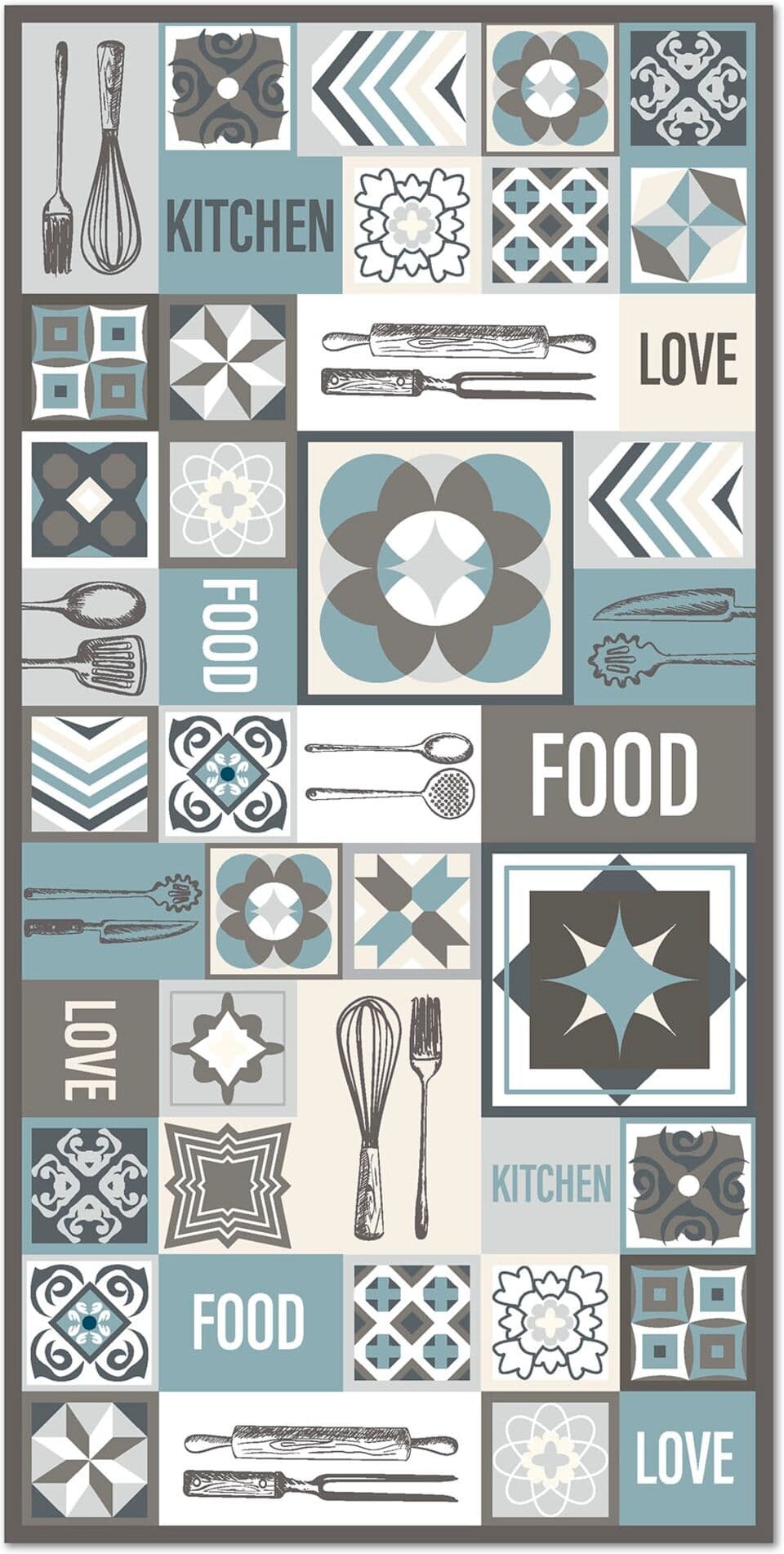 Home and Living Alfombra vinílica cocina collage palabras baldosas azul 300x200 cm