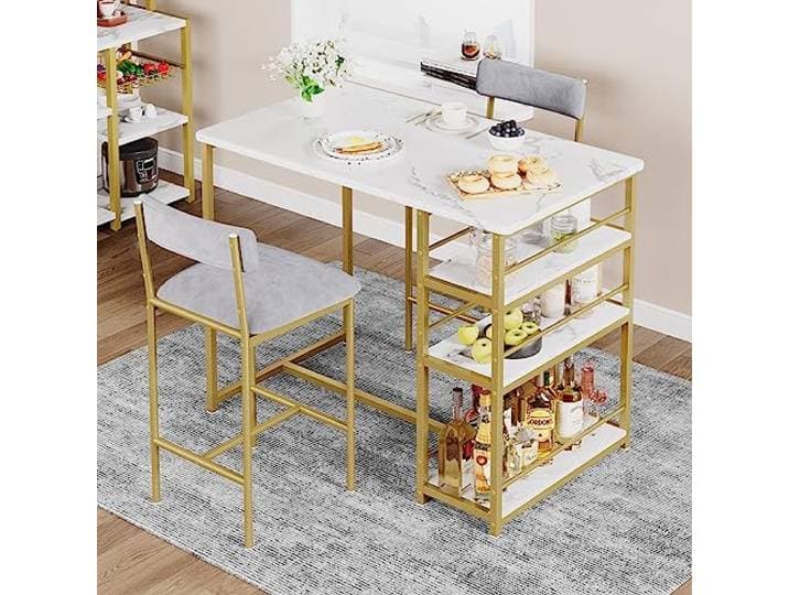 Kleiner Küchentisch für 2 Personen, Bartisch und Stühle mit 3 Regalen, hoch mit gepolsterten Stühlen aus Polyurethan für Haus und Wohnung (Gold)