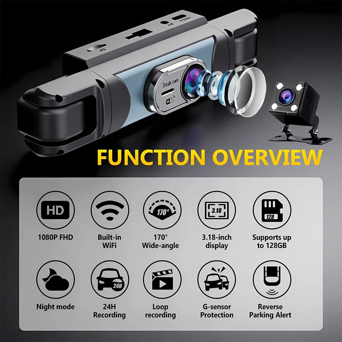 OLESED WIFI 4-Channel Car DVR Dash Cam With 4 Cameras Full HD 1080P Video Recorder Night Vision Black Box Cabin Camera 24H Parking