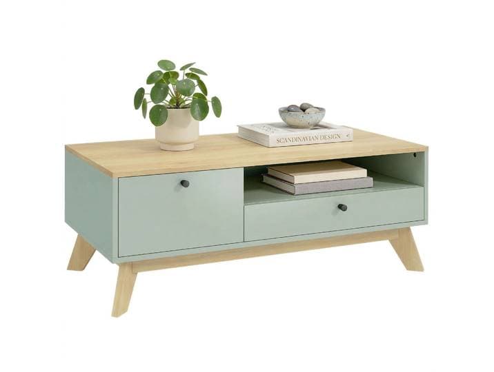 HOMCOM Table basse de salon, table d'appoint rectangulaire avec tiroir, porte et compartiment ouvert, vert clair et chêne