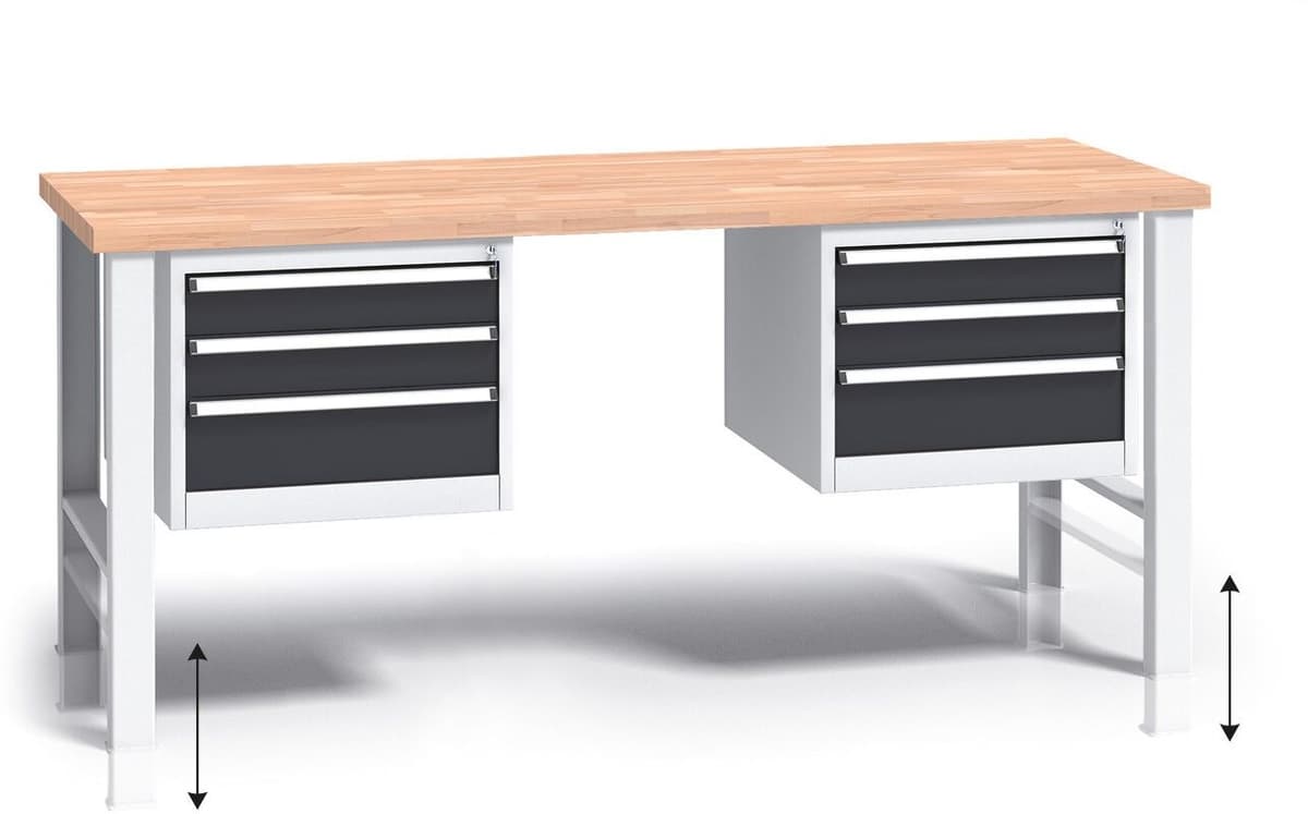 B2B Partner Výškově nastavitelný pracovní stůl do dílny G3 se 2 závěsnými boxy na nářadí, buková spárovka, 6 zásuvek, 2000 x 685 x 840 - 1050 mm, grafit