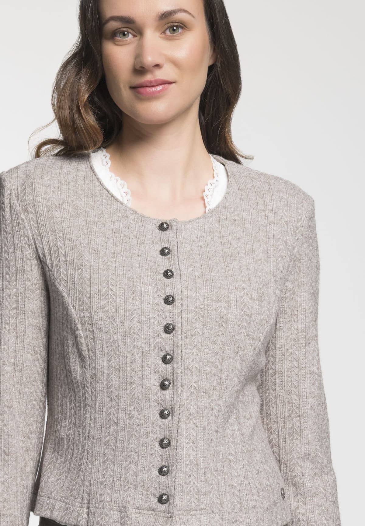 Trachtenstrickjacke SPIETH & WENSKY "Dietzing", Damen, Gr. 38, braun (taupe), Obermaterial: 50% Viskose CV. 24% Polyester PES. 22% Polyamid PA. 4% Elasthan EL., uni, slim fit, Rundhals, Strickjacken Trachtenstrickjacke, mit Rundhals