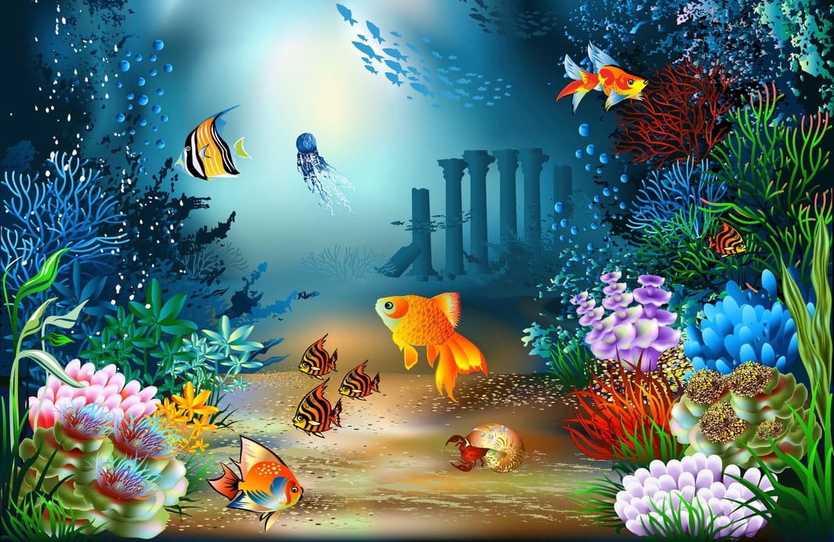 Fototapete PAPERMOON "FISCHE-OZEAN SEE MEER FISCH KORALLEN RIFF WANDBILD XXL", bunt, B:4m L:2,6m, Vlies, Tapeten, Fototapete