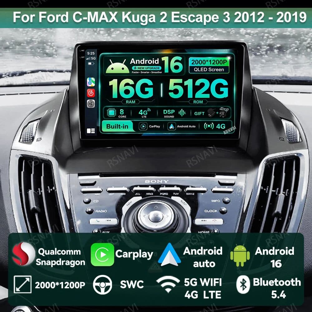 NONE Car Radio Android 16 For Ford C-MAX Kuga 2 Escape 3 2012 - 2019 Autoradio Wireless Carplay Auto Navigation Multimedia DSP BT GPS