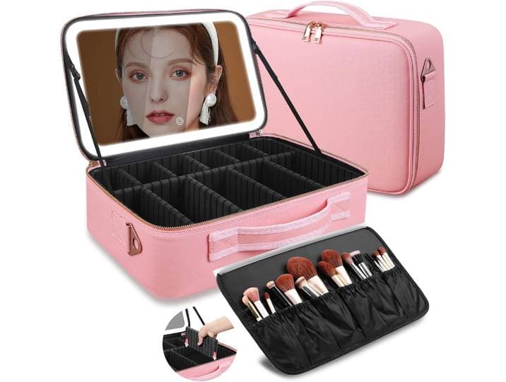 Trousse de maquillage grande capacité 15''x11'' avec miroir LED 3 couleurs, organiseur de maquillage, trousse de toilette de voyage