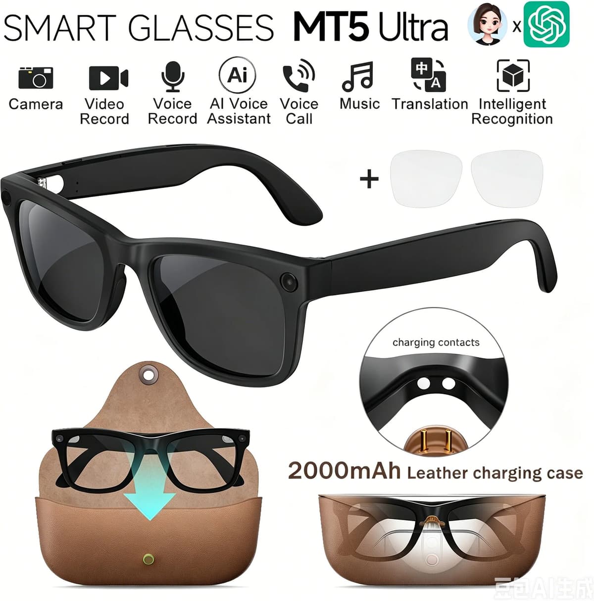 Uhoofit MT5 Ultra AI Smart Glasses Real-time Translation Glasses 800W Pixel Camera Photo Video Recording Waterproof Smart Sunglasses NEW