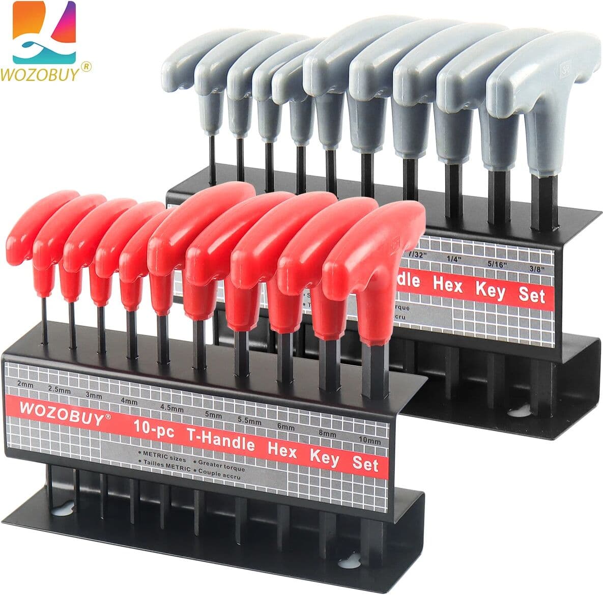 WOZOBUY 10pcs Metric or Inch T-Handle Hex Key Allen Wrench Tool Set or 10pcs Star T-Handle Hex Key Set with Convenient Storage Stand