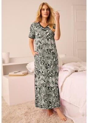 Plus Size Women's V-Neck Short Sleeve Maxi T-Shirt Lounger by Dreams & Co. in Black White Flower (Size 5X)