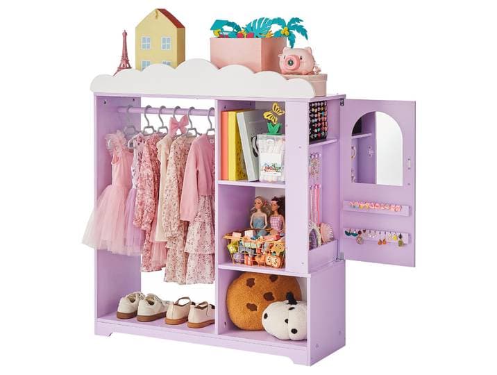 Armoire de rangement SucceBuy pour accessoires de déguisement et bijoux pour enfants avec miroir et étagères, penderie de costumes de princesse pour chambre de filles