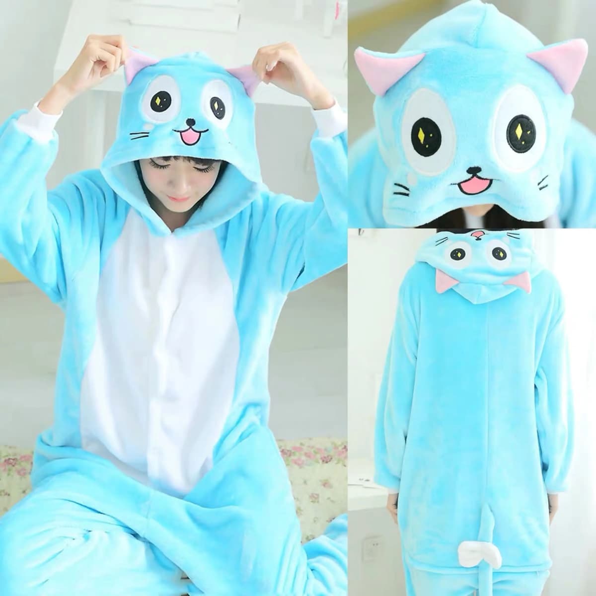 HKSNG Winter Adult Cartoon Animal Kigurumi Happy Cat Onesies Blue Pajamas Flannel Halloween Cosplay Costume Jumpsuit Women Cloth