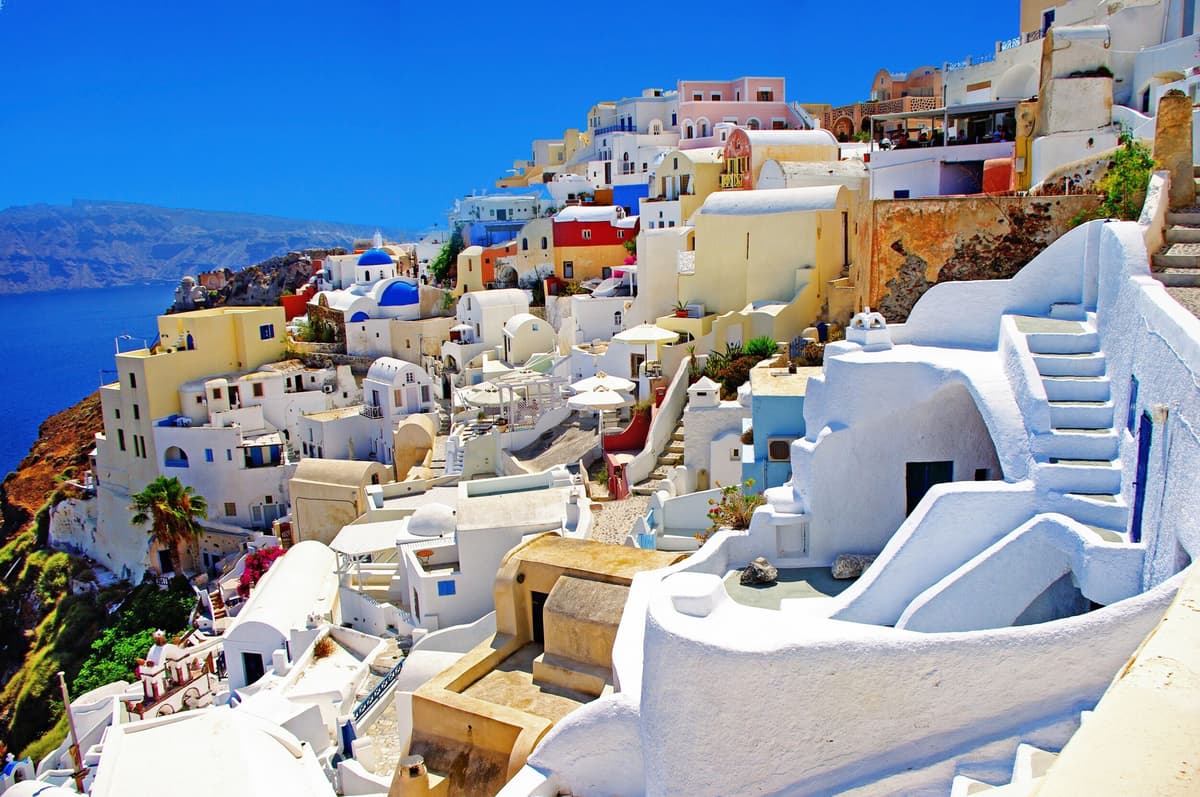Fototapete PAPERMOON "SANTORINI-INSEL VULKAN MEER GRIECHENLAND GEBIRGE STRAND", bunt, B:2m L:1,49m, Vlies, Tapeten, Fototapete bunt B/L: 2m x 1,49m, Bahnen: 4 Stk.