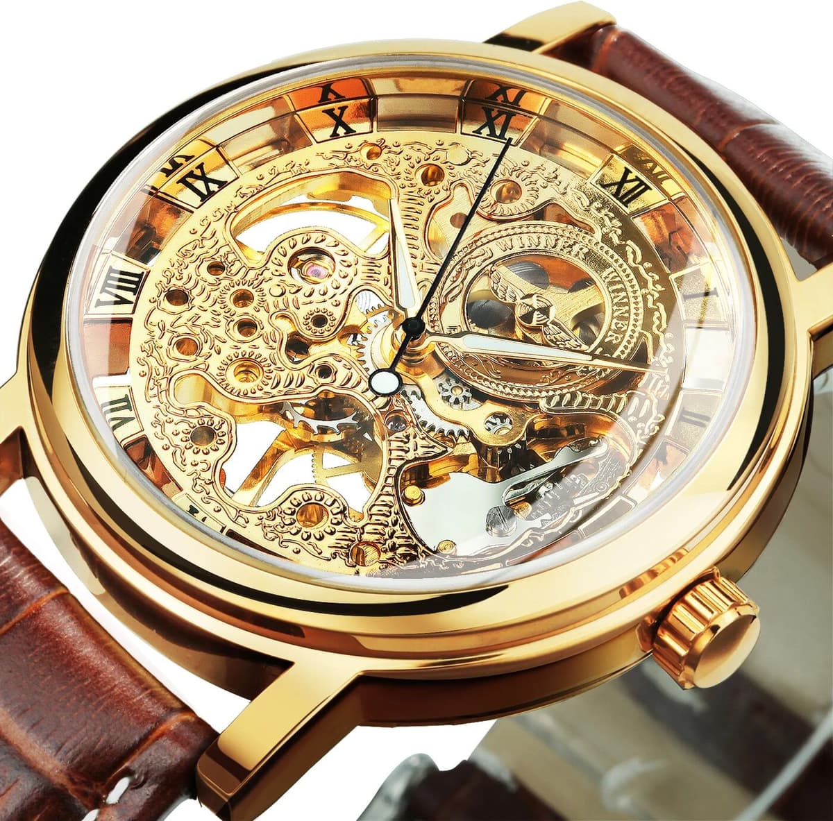 T-WINNER Winner Transparent Luxury Skeleton Mechanical Watches Casual Leather Strap Gold Watch for Men Luminous Hands Retro Wristwatches