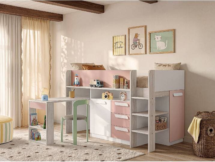 Hochbett mit Schreibtisch & Stauraum - 90 x 200 cm - Rosa, Naturfarben & Weiß - LOUKALA