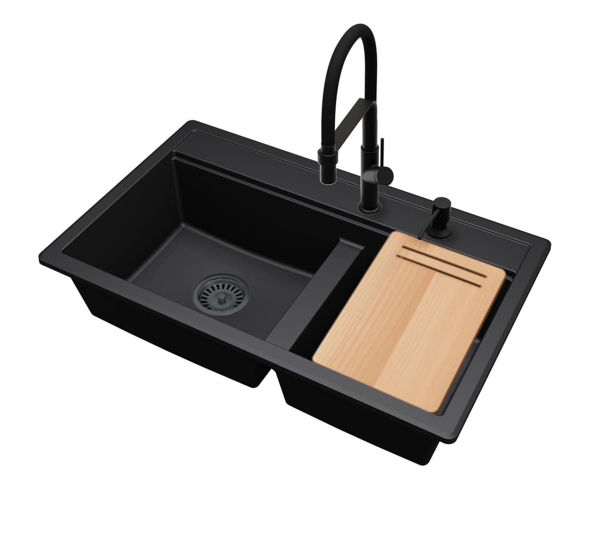 BRADO ZIRCON 8020 Granitspüle mit 2 Becken, Schneidebrett, Siphon, Küchenarmatur und Seifenspender