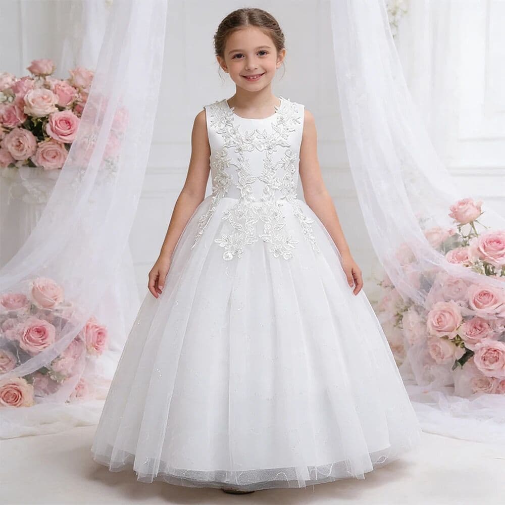 LZH White Costume For Girls Bridesmaid Wedding Dress Teen Girl Baptismal Dress Elegant Piano Performance Princess Dress Evening Gown