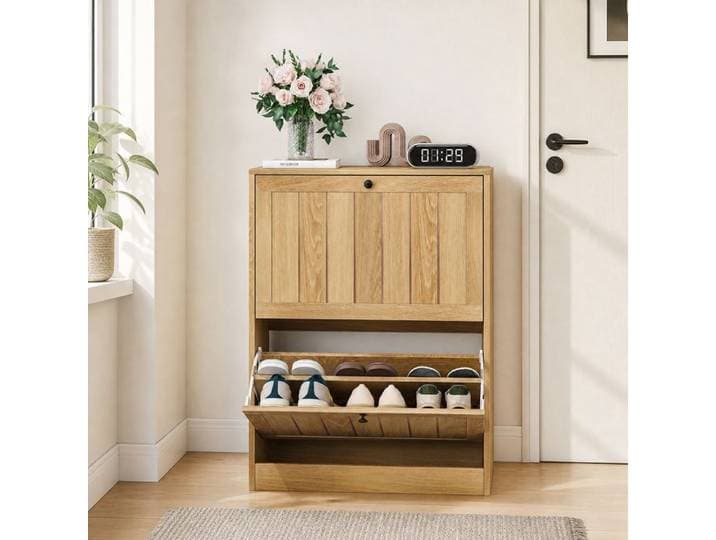 Armoire Chaussures avec 2 abattants 60x24x80cm pour entrée Commode à chaussures façade en bambou-anti-basculement-couleur chêne