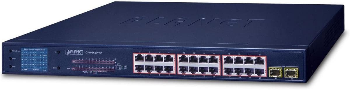 PLANET GSW-2620VHP 24-Port 10/100/1000T 802.3at PoE + 2-Port Gigabit SFP Ethernet Switch with LCD PoE Monitor (300W PoE Budget)