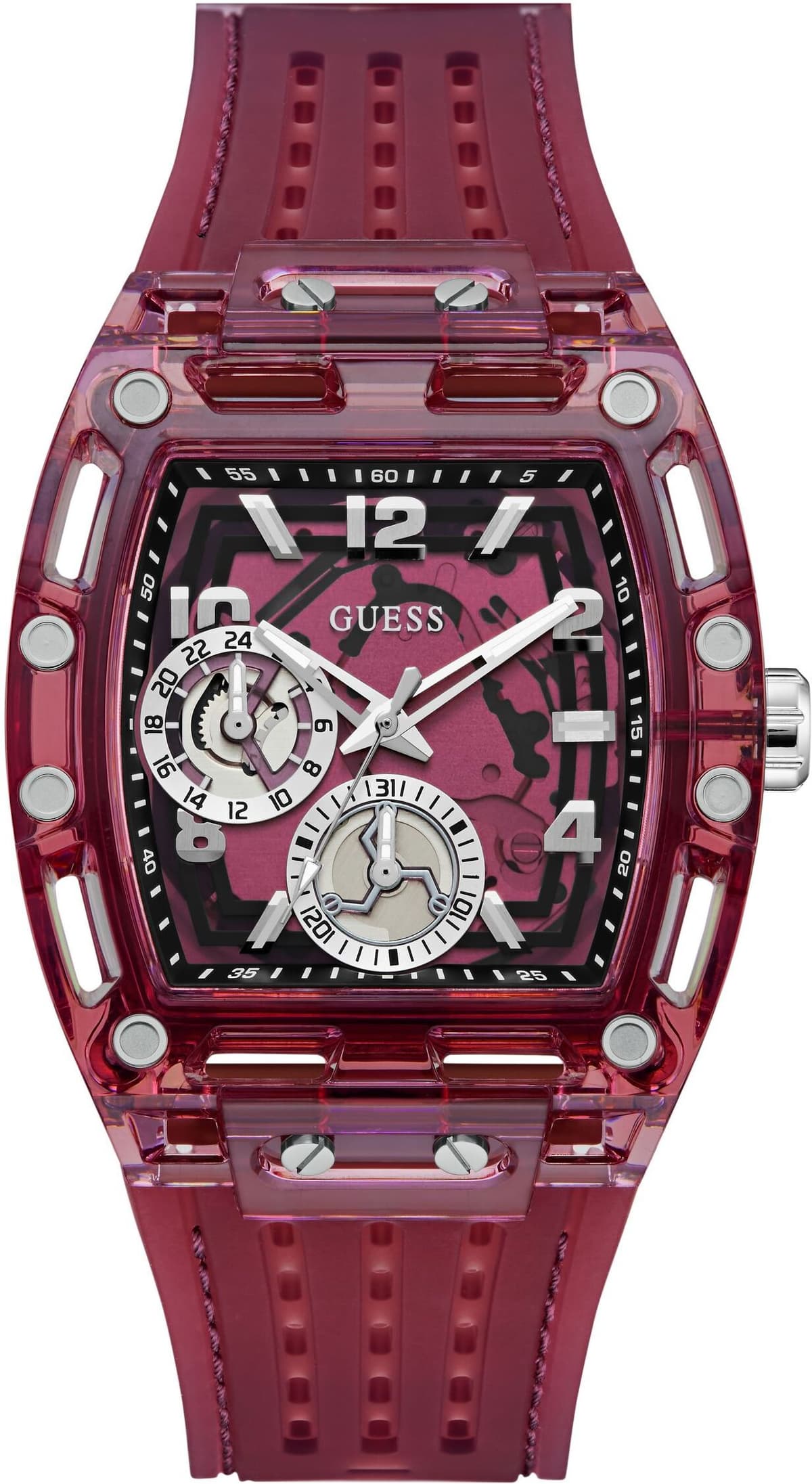 Multifunktionsuhr GUESS "PHOENIX", rot (rot, beere, rot), Armbanduhren, Herren, weinrot, Multifunktionsuhr, Quarzuhr, Armbanduhr, Herrenuhr, Silikonarmband, analog, Wochentag