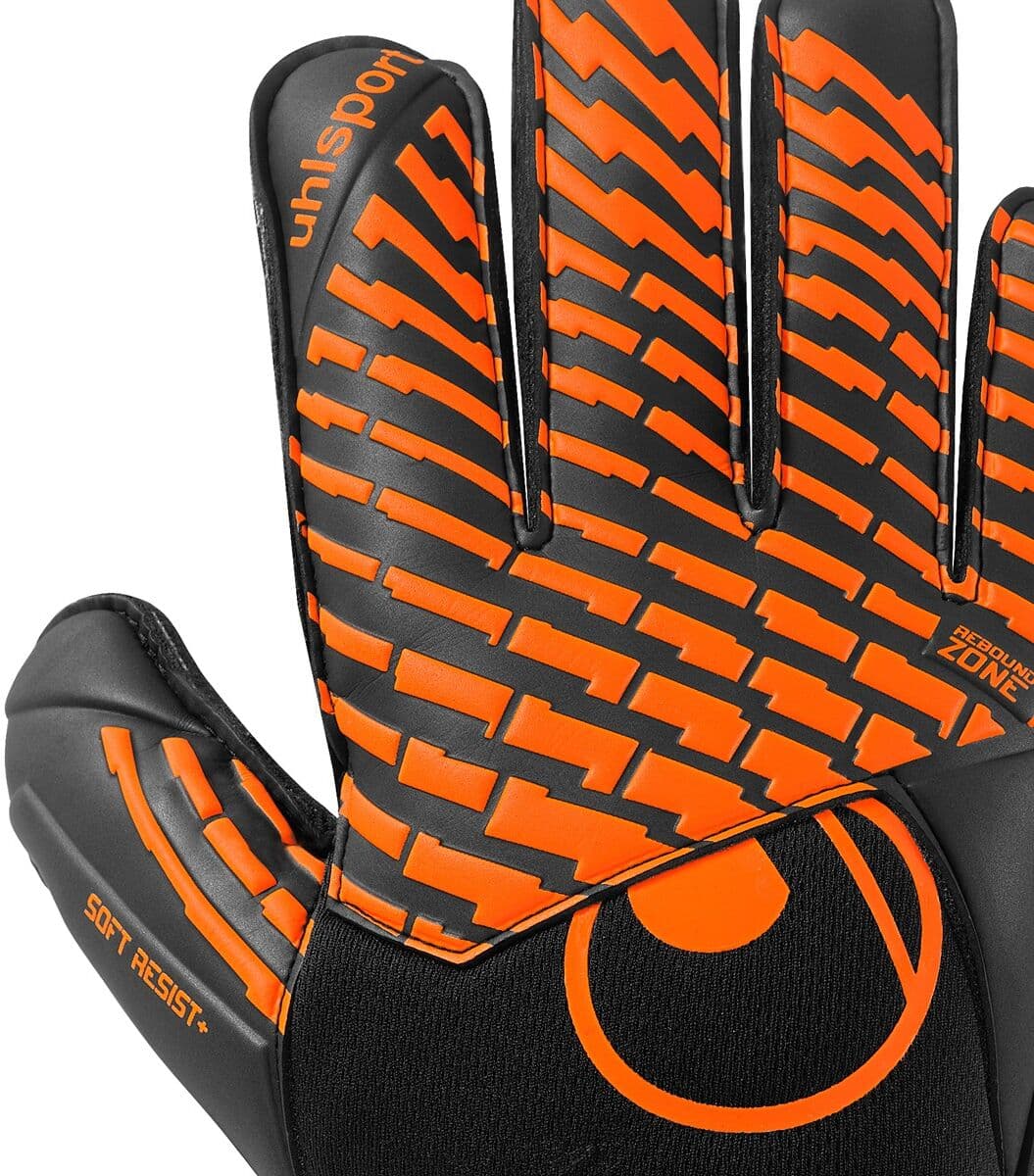Torwarthandschuhe UHLSPORT "Torwarthandschuhe FM Soft Resist+", Herren, Gr. 8,5, schwarz (schwarz, fluo orange), Obermaterial: 81% Gummi rubber. 13% Polyester PES. 6% Nylon NY., Handschuhe Torwarthandschuhe