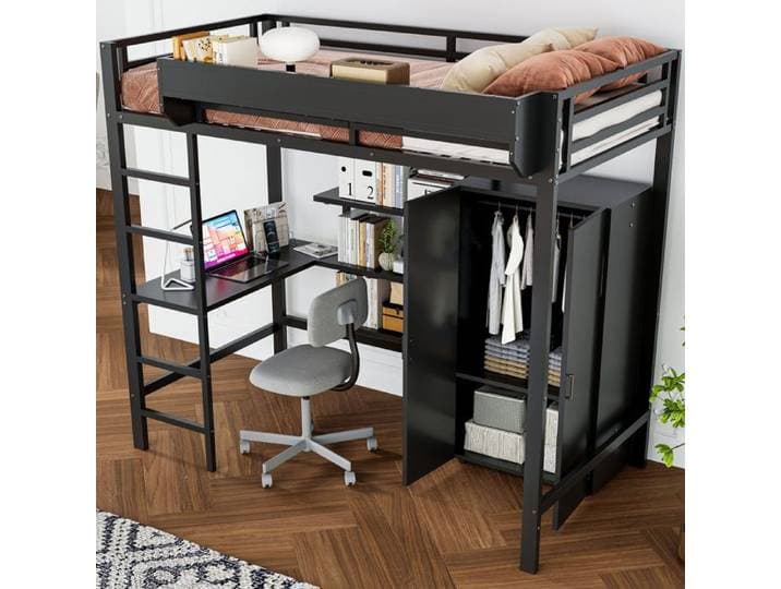 Lit mezzanine enfant 90×200 cm avec bureau armoire et étagères - YEAVIO - sans matelas métal et bois - noir