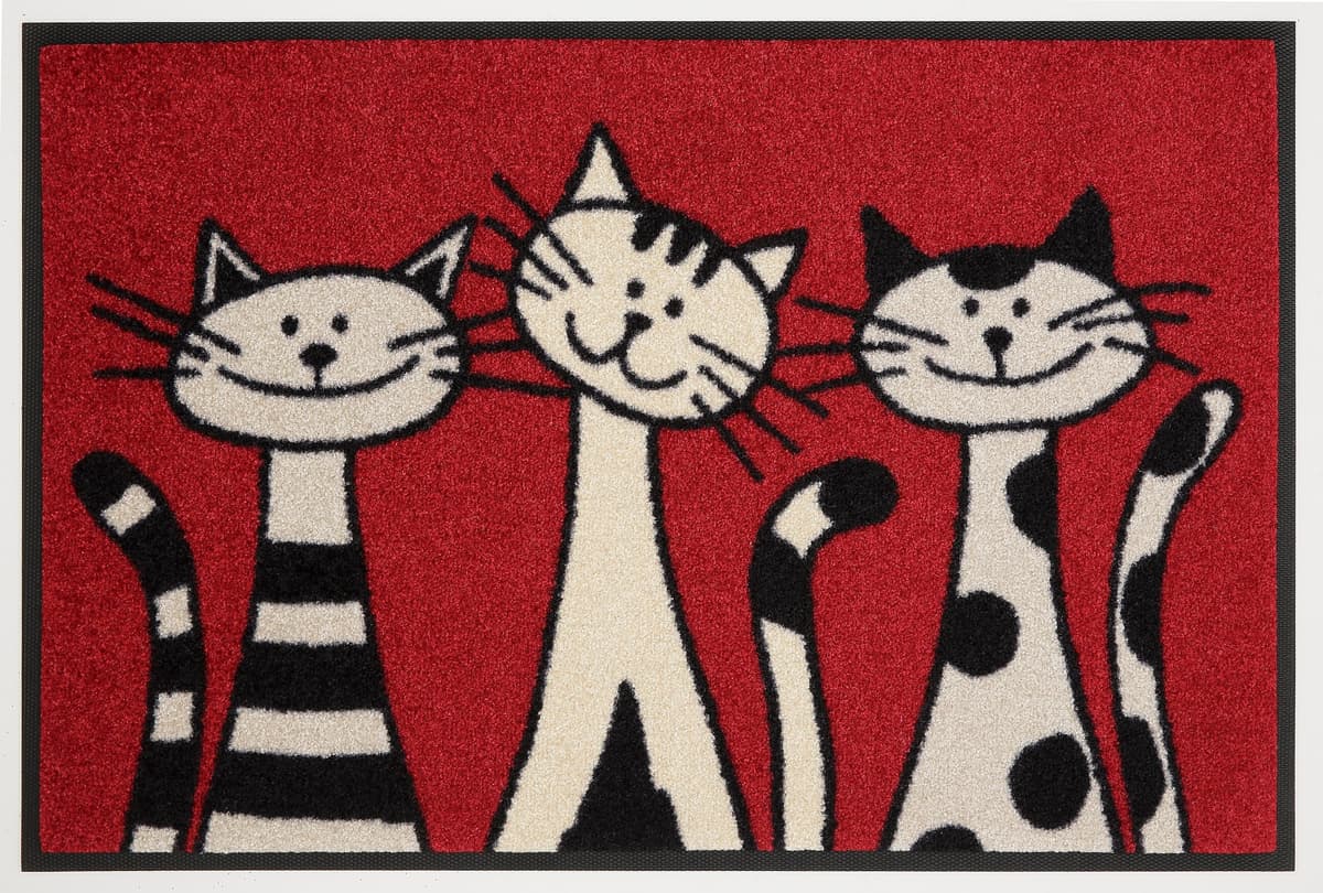 Fussmatte "Three Cats" Gr. 60, rot (rot, beige), B:40cm H:9mm L:60cm, Kunstfaser, WASH+DRY BY KLEEN-TEX, Teppiche, Fussmatte, Schmutzfangmatte, Motiv Katzen, rutschhemmend, waschbar rot, beige B : 40cm 1 Stk., 9mm, L: 60cm