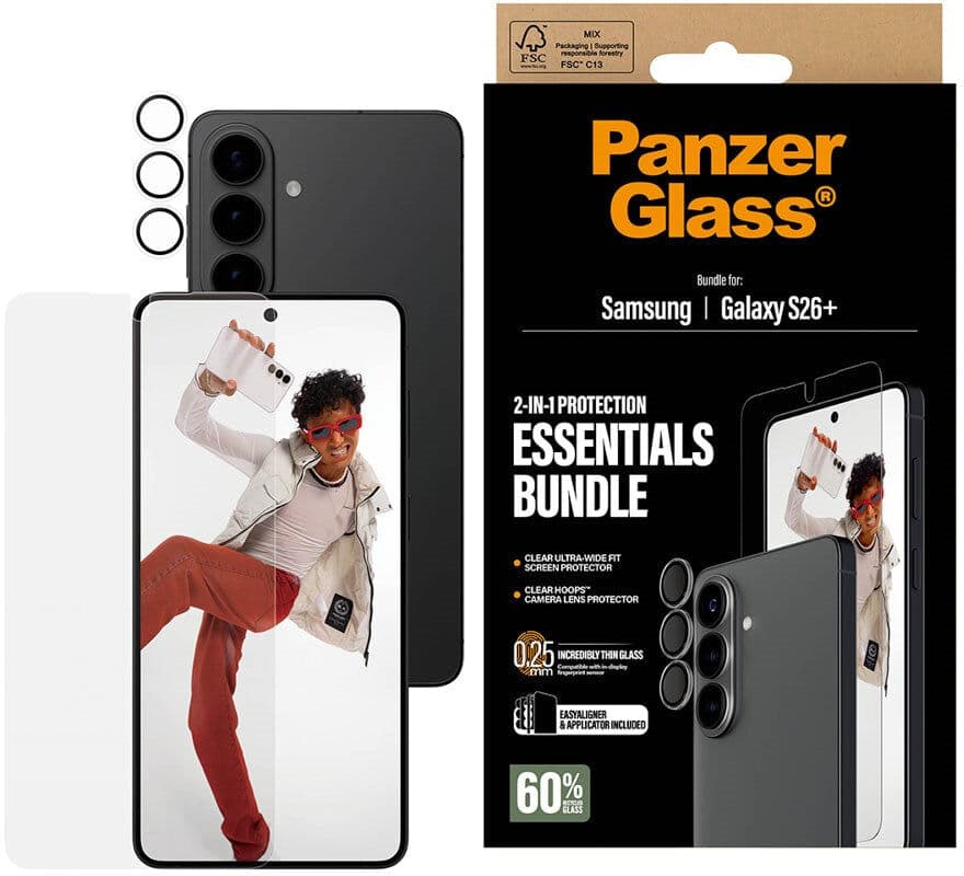 Samsung Galaxy S26+ (Plus) PanzerGlass Hoops 2-in-1 Bundle m. 1 x EasyAligner 1 x Skærmbeskyttelse (UWF) 1 x Hoops Kameralinsebeskyttelse - Gennemsigtig