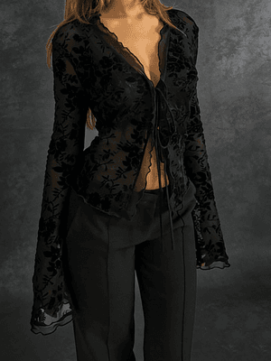 Universal Stock Women's Slim Fit Chiffon Top With Ruffle Trumpet Sleeves & Elegant V Neck Blouse s