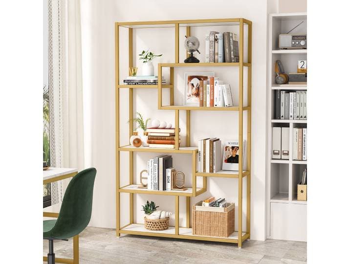 Tribesigns Bibliothèque Etagere à 5 niveaux, présentoir organisateur d'étagère à livres en or moderne avec 8 étagères de rangement ouvertes