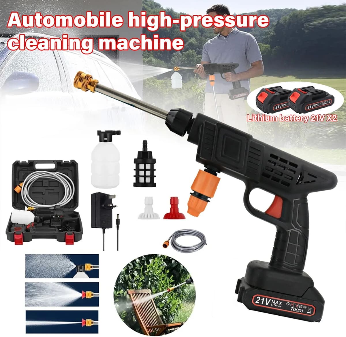 NONE Portable Cordless High‑Pressure Car Washer Gun, Electric Jet Wash Cleaner Tool Kit with 2 Batteries for Vehicle Outdoor Cleaning