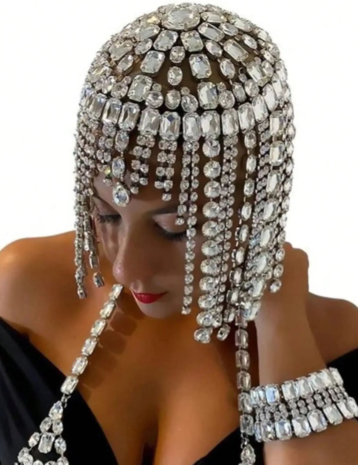 NONE Cross border fashion trend tassel headwear women's exaggerated rhinestone hair chain party stage runway accessories Hair chain