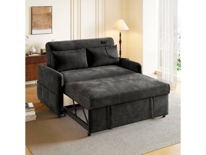 Canapé convertible multifonction rangement dossier réglable support téléphone et USB adapté salon et chambre gris