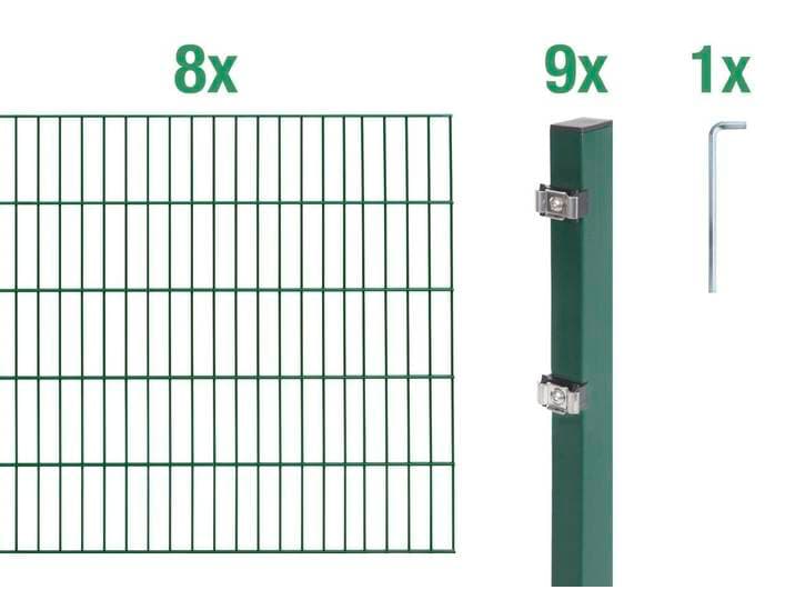 Alberts Doppelstabmatten Zaun, Höhe 80 cm, Länge 16 m, Zaun-Komplettset zum Einbetonieren, grün, Pfosten 60x40 mm