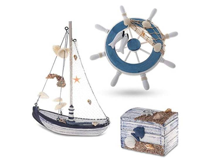 Flanacom Maritieme Badkamer Decoratie Set 3-delig - Houten Stuurwiel Zeilschip Schatzkist Gaste WC
