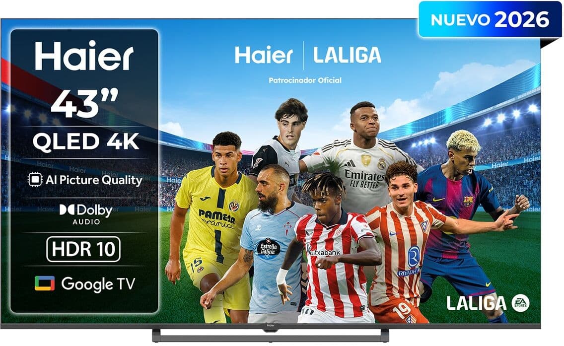 HAIER TV QLED 108 cm (43") S80 H43S80GUX 4K UHD, 60Hz, Google TV, HDR10, Dolby Audio, AIPQ (AI Picture Quality) (Reacondicionado Grado A). Negro