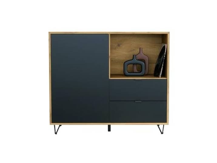 Vladon Kommode Marino, Sideboard mit 1 Tür Schwarz matt und 2 Schubladen Schwarz matt, Made in Germany, Korpus Eiche Evoke (103 x 90,5 x 37 cm)