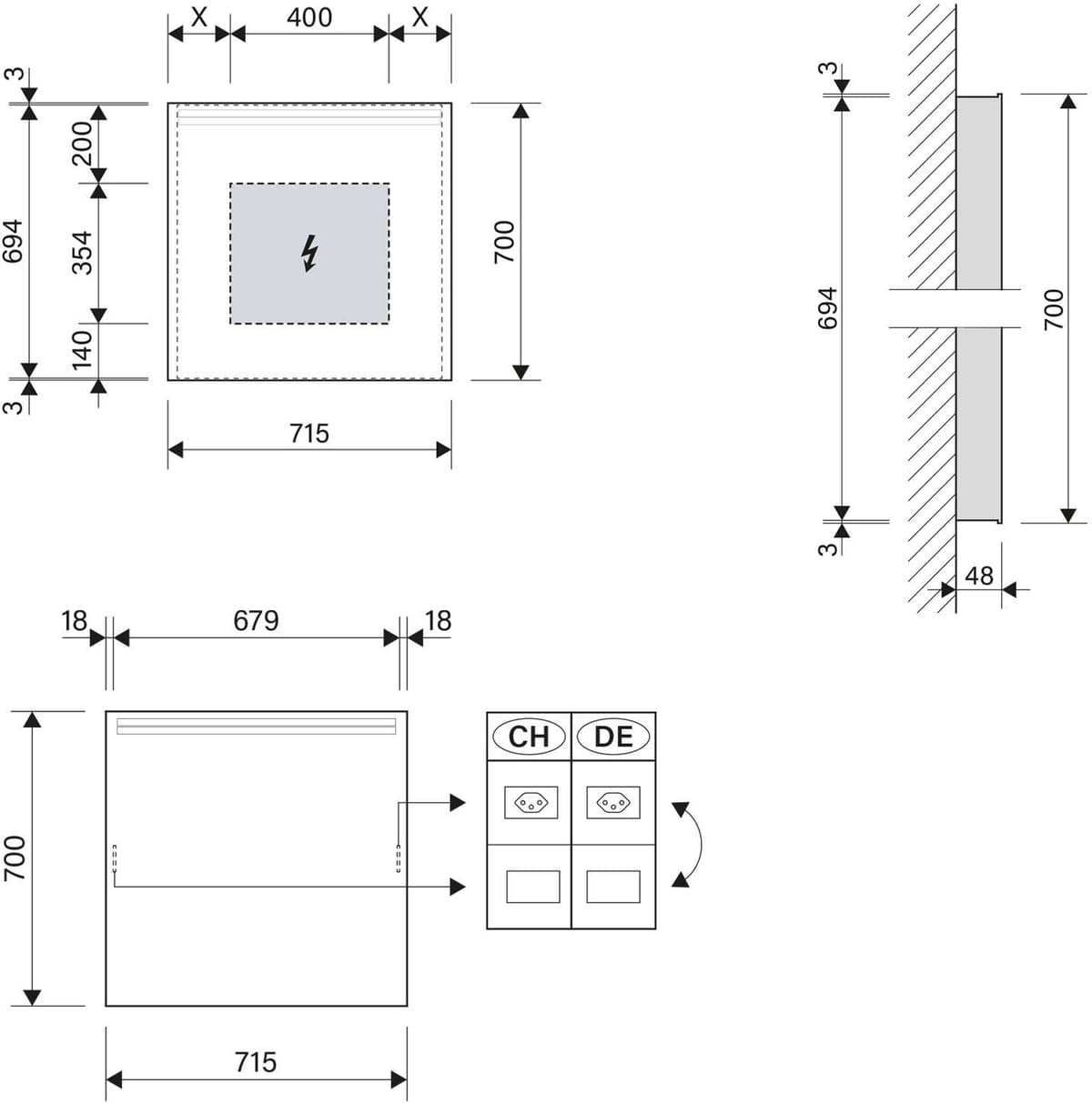 Schneider ARANGA LED Lichtspiegel ARA/SP 70/LED/SH/SD 71,5 x 70 cm LED 3000 K mit Spiegelheizung und Steckdose