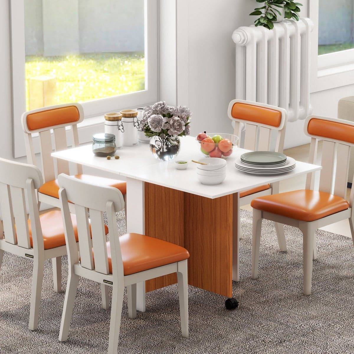 FloraGrace Opklapbare Mobiele Eettafel met Wielen - Wit - B/D/H: 120 x 80 x 73 cm