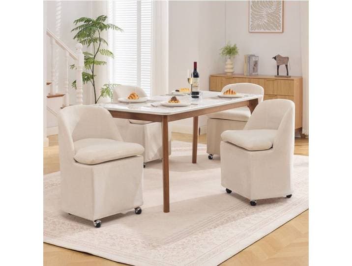 Chaise de salle à manger à roulettes 53 5 x 53 x 78 5 cm en tissu chenille beige sans accoudoirs lot de 2