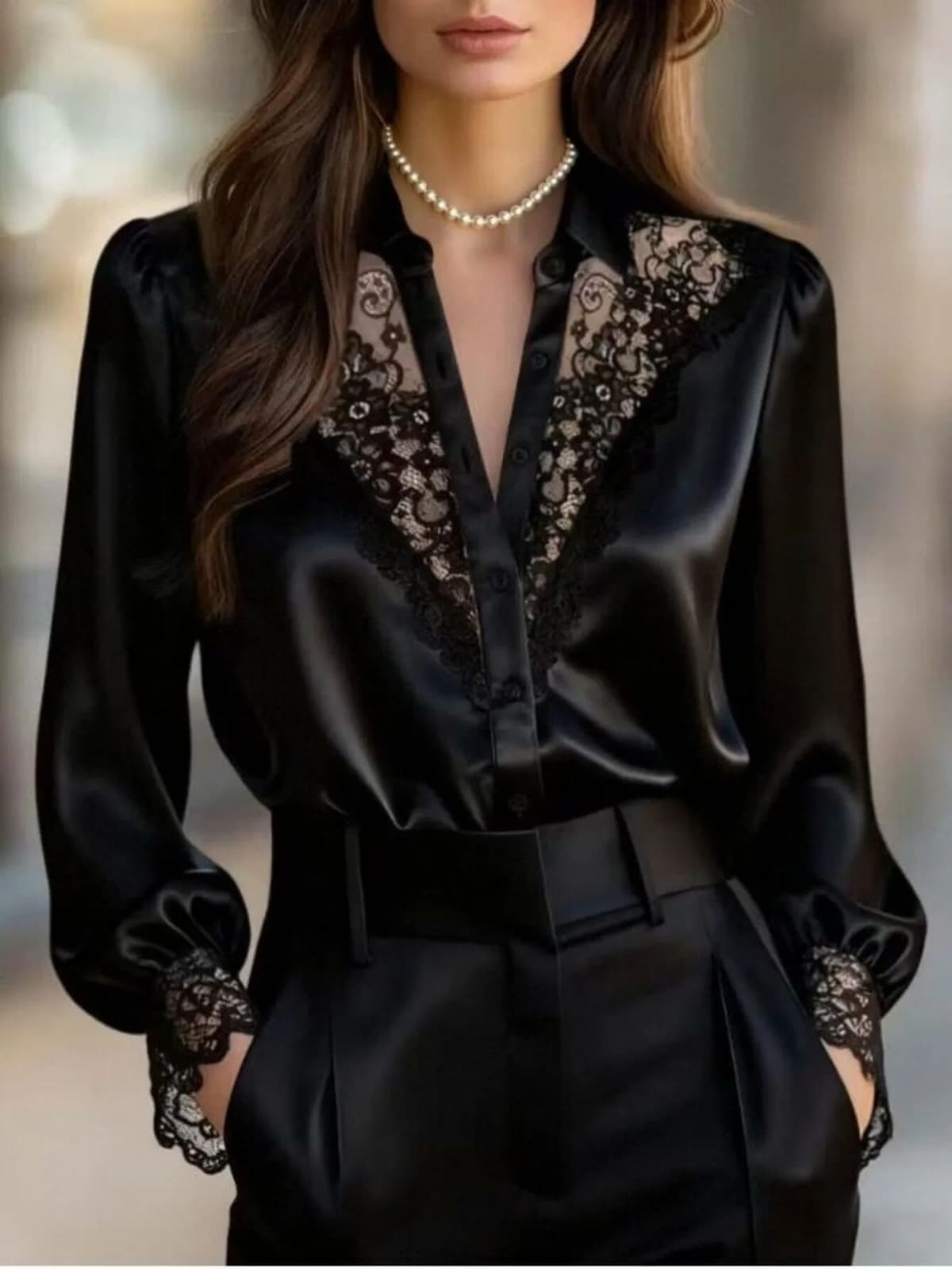 NONE Single-Piece Women's Satin Button-Up Lace Patchwork Sheer Elegant Fashion Satin Long-Sleeve Shirt for Office, Home, Daily Wear, Holidays, Vacations, Dates, All Seasons