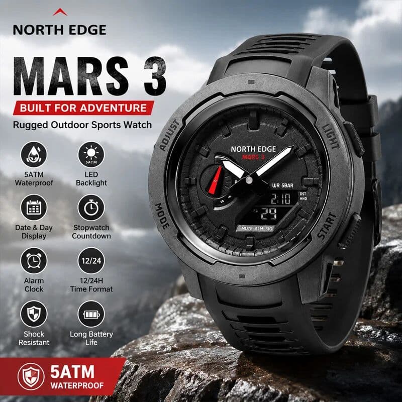 NORTH EDGE Mars 3 Men's Military Watch Digital Carbon Fiber Case For Man Waterproof 50M Sports Watches World Time LED Wristwatch
