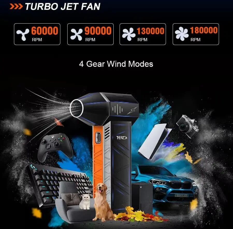THERAGUN Updated X3Ultra Mini Turbo Fan Jet Electric Duster 4-speed Adjustable 180,000RPM Wind Speed 58m/s Car/PC Cleaning Tools