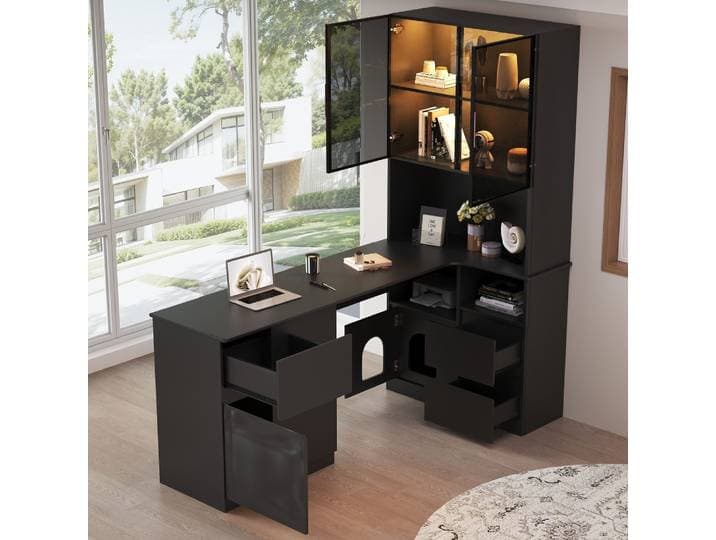 Bureau d'angle avec étagère et vitrine LED, bureau avec sortie câble, 3 tiroirs, 2 portes, compartiments ouverts, bibliothèque intégrée