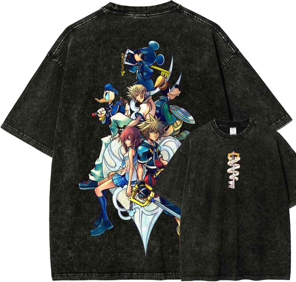 Bandai 2026 Kingdom Hearts Sora Dual Sided Washed T-shirt Blue Gradient Back Silhouette Game Print Oversized Cotton Tee For Otaku Fans