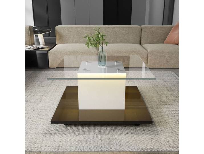 Table basse de salon O.Ye table basse en verre brillant table basse mobile avec roulettes pivotantes blanc TABLE BASSE