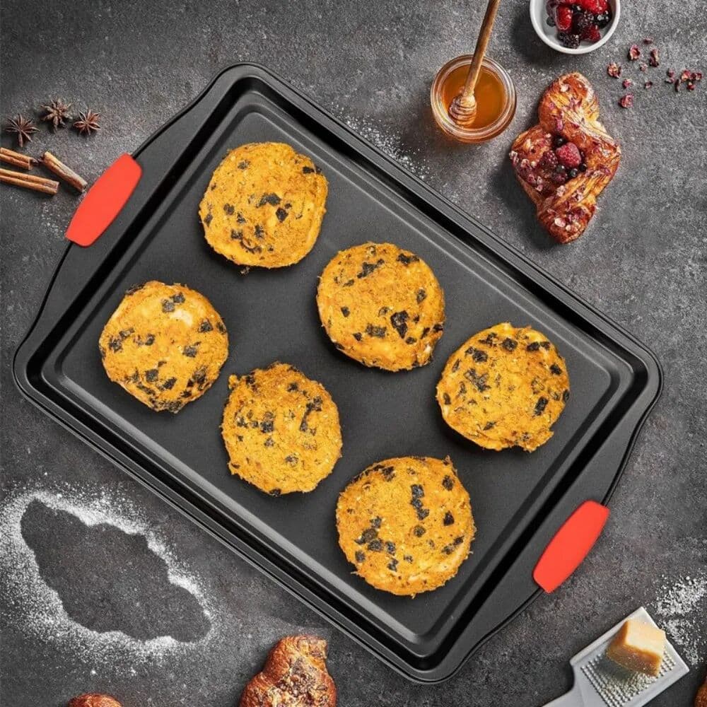 NONE Non‑Stick Baking Tray Set with Silicone Handles Carbon Steel Oven Baking Pan Cookie Sheet for Baking Bread Pastry Cake